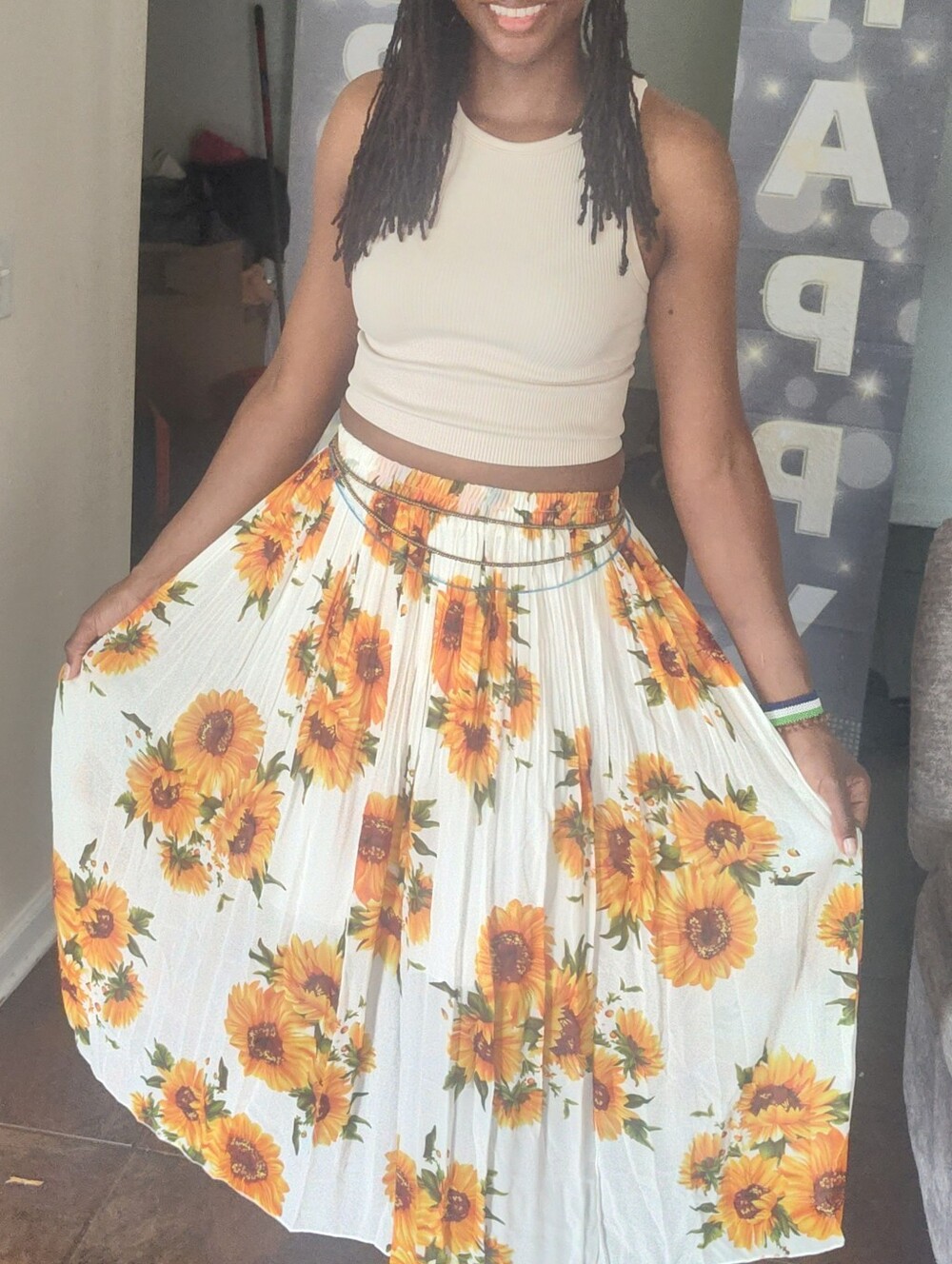 High Waisted Bohemian Sunflower Print Maxi Skirt Sz M